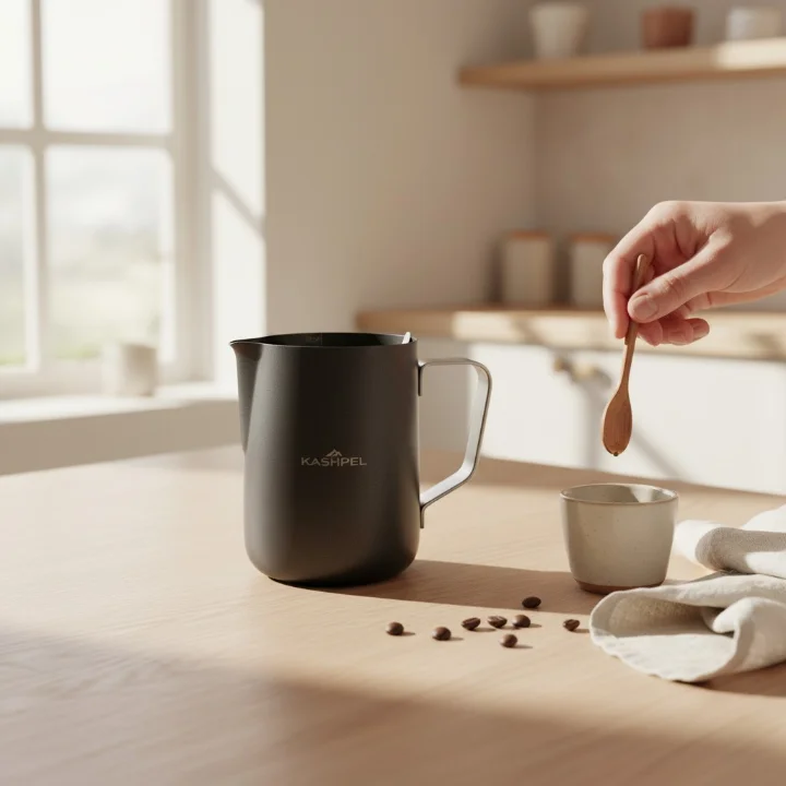 En svart Kashpel-baristakanna på en solig träbänk i köket, med en hand som håller en träsked, en keramikkopp och utspridda kaffebönor.